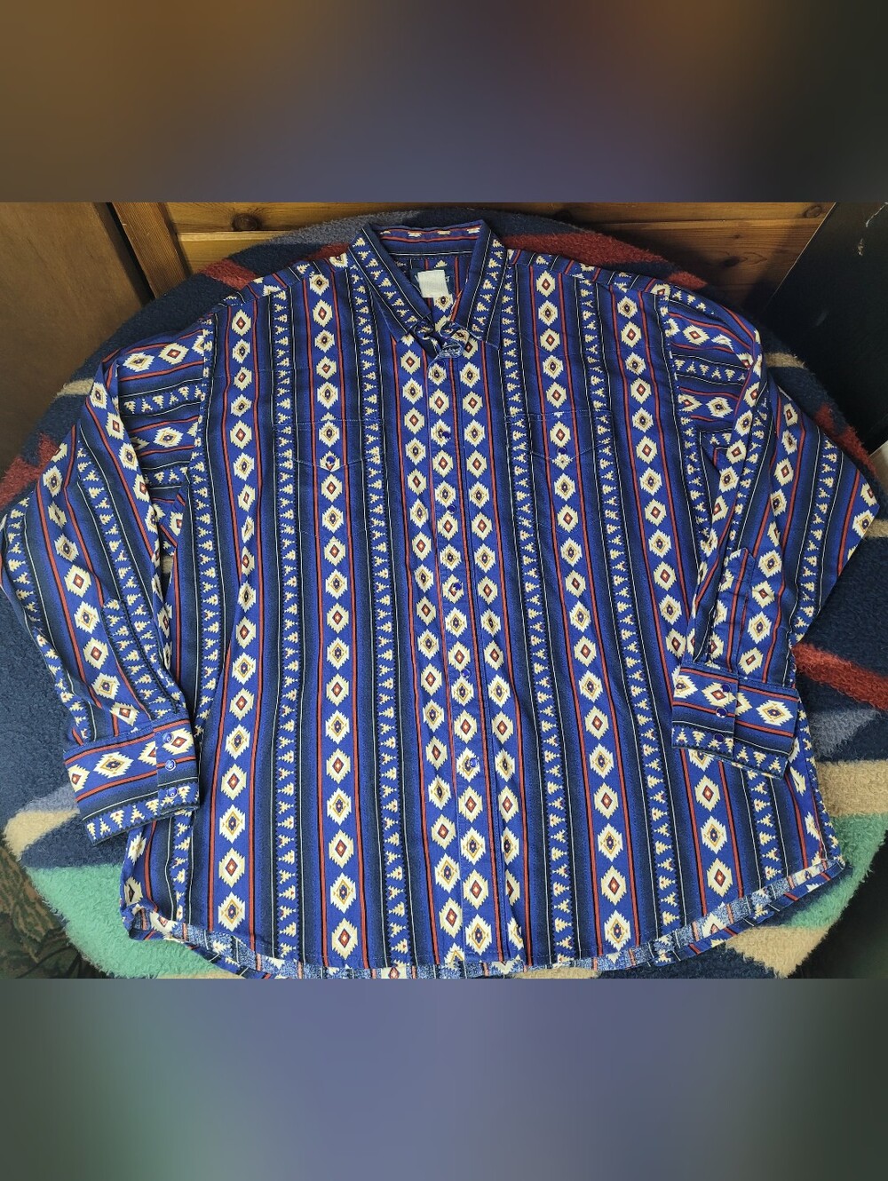 Vtg Wrangler Western Shirt Mens XL Blue Aztec Southwestern Pearl Snap L/S